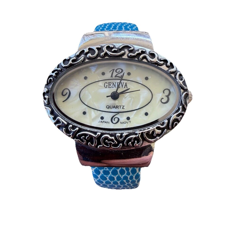 Geneva Turquoise Cuff Watch Wide Bangle Faux Snakeskin Boho Western Statement